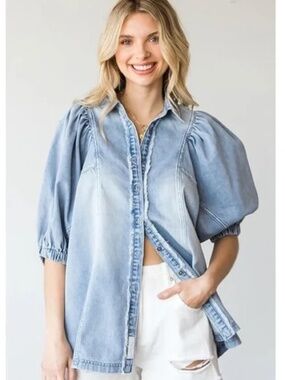 First Love Boutique Denim Blouse Medium Puff Sleeve Chambray Button Front Top